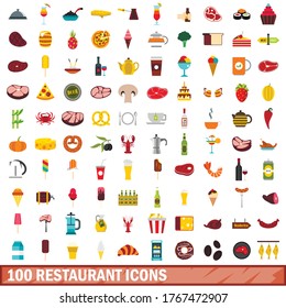 100 iconos de restaurante establecidos en estilo plano para cualquier ilustración vectorial de diseño