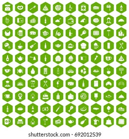 100 restaurant icons set in green hexagon isolated vector illustration