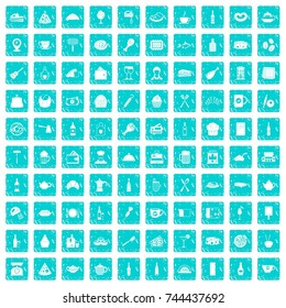 100 restaurant icons set in grunge style blue color isolated on white background vector illustration