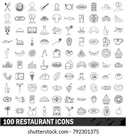 100 restaurant icons set in outline style for any design vector illustration