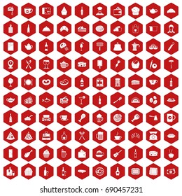 100 restaurant icons set in red hexagon isolated vector illustration