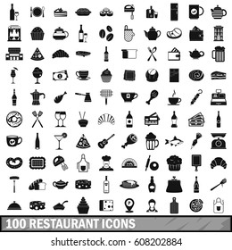 100 restaurant icons set. Simple illustration of 100 restaurant icons vector set for any design