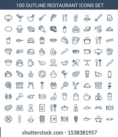 100 restaurant icons. Trendy restaurant icons white background. Included outline icons such as restaurant table, barbeque, pan, crab, plate with spoon and fork. icon for web and mobile.