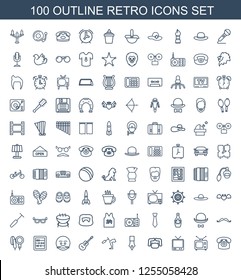 100 retro icons. Trendy retro icons white background. Included outline icons such as desk phone, TV, man hairstyle, ink pen, knee hammer reaction check. retro icon for web and mobile.