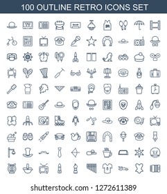 100 retro icons. Trendy retro icons white background. Included outline icons such as harmonic, corset, car, football t shirt, harmonica, brush. retro icon for web and mobile.