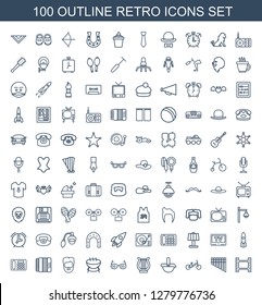 100 retro icons. Trendy retro icons white background. Included outline icons such as movie tape, harmonica, child bicycle, robot, harp, sunglasses. retro icon for web and mobile.