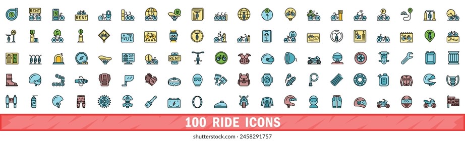 100 ride icons set. Color line set of ride vector icons thin line color flat on white