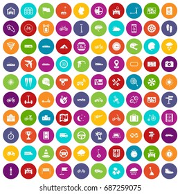 100 ride icons set in different colors circle isolated vector illustration