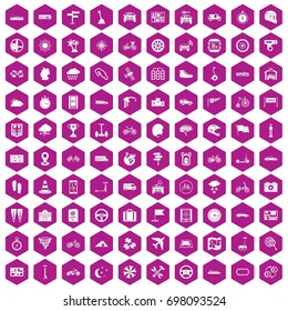 100 ride icons set in violet hexagon isolated vector illustration