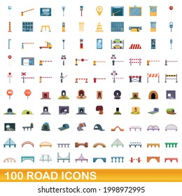 100 road icons set. Cartoon illustration of 100 road icons vector set isolated on white background