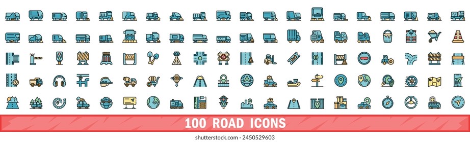 Conjunto de 100 iconos de carretera. Conjunto de línea de color de iconos de vector de carretera línea delgada color plano en blanco