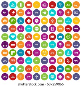 100 road icons set in different colors circle isolated vector illustration