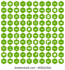 100 road icons set in green hexagon isolated vector illustration