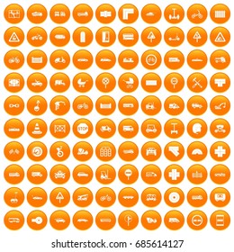 100 road icons set in orange circle isolated on white vector illustration