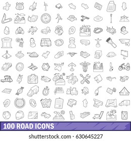 100 road icons set in outline style for any design vector illustration