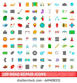 100 road repair icons set in cartoon style for any design illustration