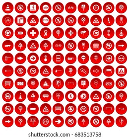 100 road signs icons set red