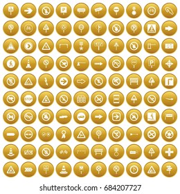 100 road signs icons set gold