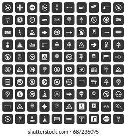 100 road signs icons set in black color isolated vector illustration