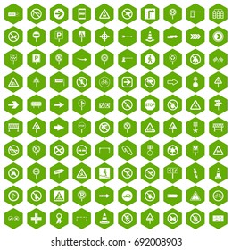 100 road signs icons set in green hexagon isolated vector illustration