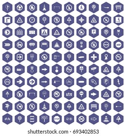 100 road signs icons set in purple hexagon isolated vector illustration