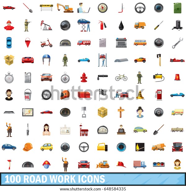 100 road work icons set in cartoon style for\
any design vector\
illustration