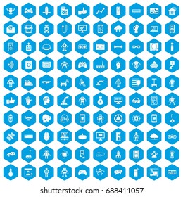 100 robot icons set in blue hexagon isolated vector illustration