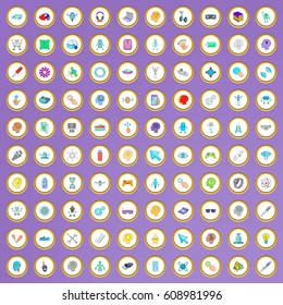 100 robot icons set in cartoon style on purple background vector illustration