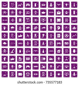 100 robot icons set in grunge style purple color isolated on white background vector illustration