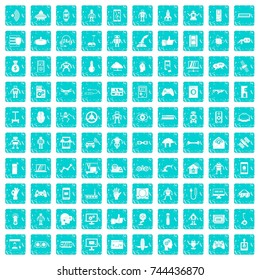 100 robot icons set in grunge style blue color isolated on white background vector illustration