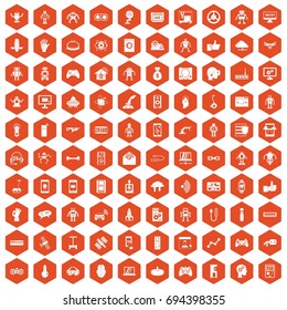 100 robot icons set in orange hexagon isolated vector illustration