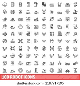 100 Robotersymbole gesetzt. Kontur-Illustration von 100 Robotersymbolen, Vektorset einzeln auf weißem Hintergrund