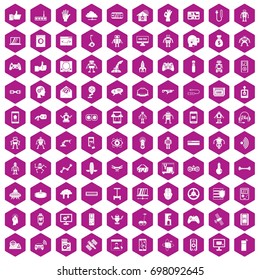 100 robot icons set in violet hexagon isolated vector illustration