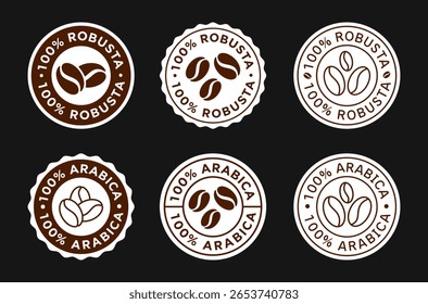 100% Robusta and Arabica Coffee Beans Vector Sign. Caffeine Stickers.