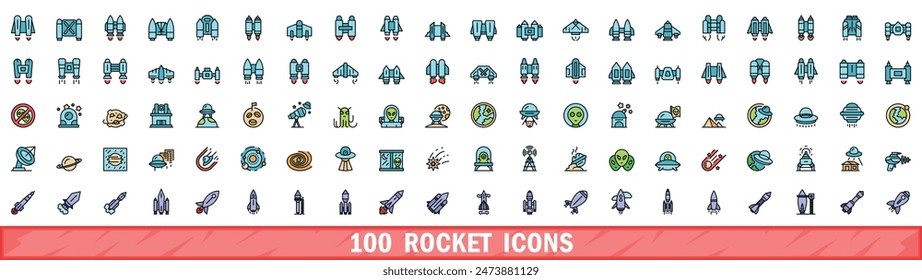 100 rocket icons set. Color line set of rocket vector icons thin line color flat on white