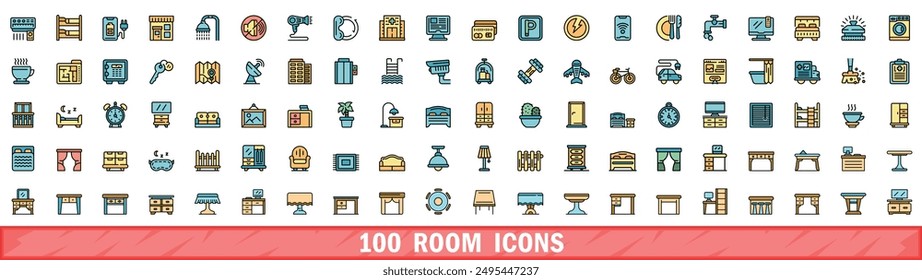 100 room icons set. Color line set of room vector icons thin line color flat on white