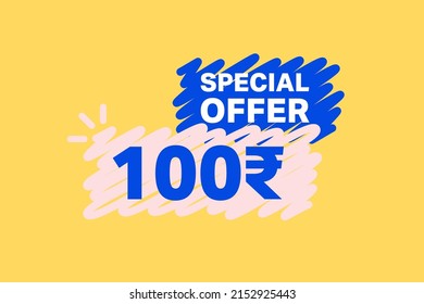 100 Rupee OFF Sale Discount banner shape template. Super Sale 100 Indian rupee Special offer badge end of the season sale coupon bubble icon. Discount offer price tag vector illustration.