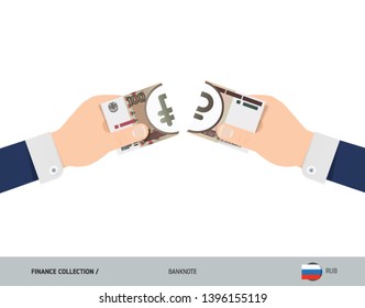 100 Russian Ruble Banknote. Hands tearing banknote. Flat style vector illustration. Business finance concept.