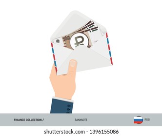 100 Russian Ruble Banknotes in envelope hold in hand. Flat style opened white envelope with cash. Salary payout or corruption concept.