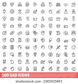 100 iconos tristes establecidos. Ilustración de esquema de 100 iconos tristes conjunto de vectores aislados en fondo blanco