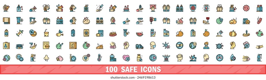 100 safe icons set. Color line set of safe vector icons thin line color flat on white