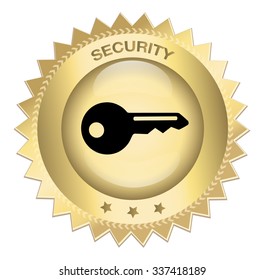 100% Safety guaranteed seal or icon with key symbol. Glossy golden seal or button with stars.