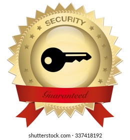 100% Safety guaranteed seal or icon with red banner and key symbol. Glossy golden seal or button with stars.
