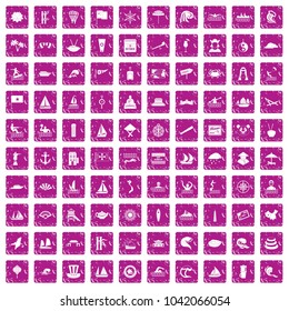 100 sailing vessel icons set in grunge style pink color isolated on white background vector illustration