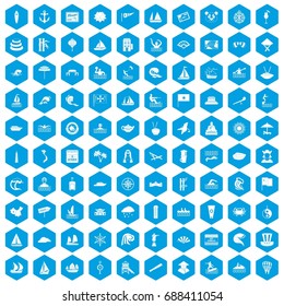 100 sailing vessel icons set in blue hexagon isolated vector illustration