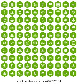 100 sailing vessel icons set in green hexagon isolated vector illustration