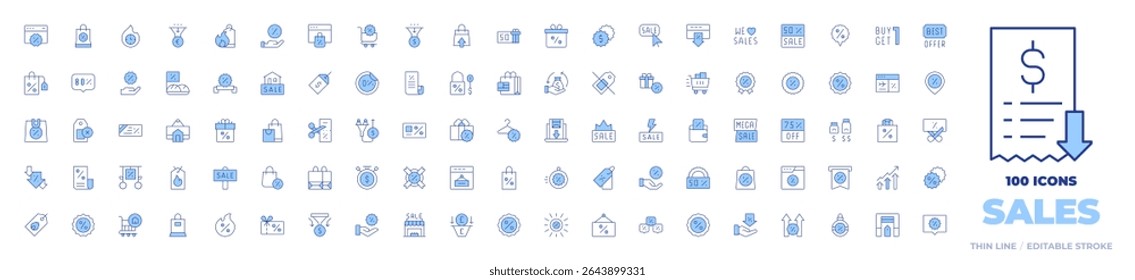 100 Sales Icons Collection. Line Duotone style, editable stroke. shoppingbag, nosales, hotsale, sign, sale, shoppingcart, bill, present, sales, giftbox, wallet