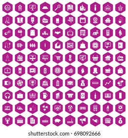 100 sales icons set in violet hexagon isolated vector illustration