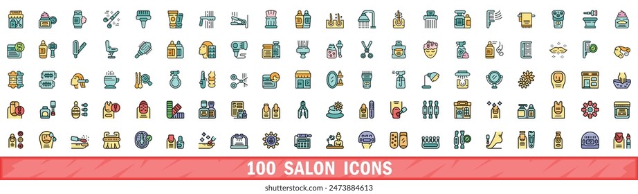 100 salon icons set. Color line set of salon vector icons thin line color flat on white