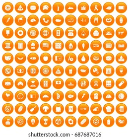 100 sandwich icons set in orange circle isolated vector illustration